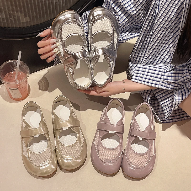 

Silver Fashionable Casual Mesh Shoes Women's Summer New Magic Tape Thin Breathable Sports Mary Jane Single Shoes