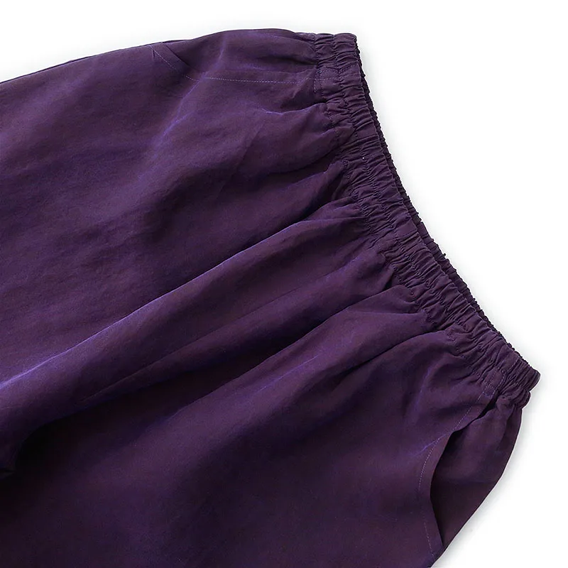 2025年女性ファッション衣料 紫色 100%天然桑絹 ガンビア染め 広東ガーゼ ハイウエスト カジュアル ストレートパンツ