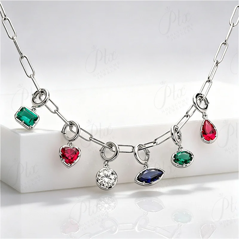 Pendants Necklaces Heart Oval Cut Moissanite Ruby Sapphire Emerald 925 Sterling Silver Elegant Matching Set Holycome Jewelry