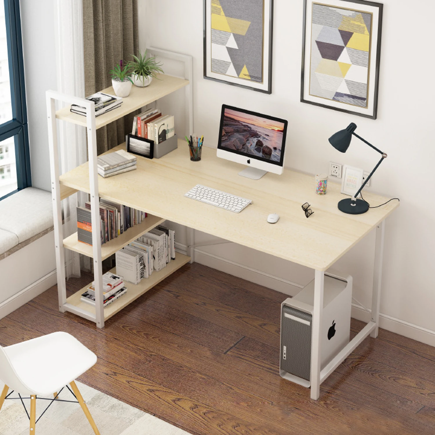 Computer Table Home Office Large Desk, Gaming Table Study Writing Table Modern Simple Style Desk with Bookshelf