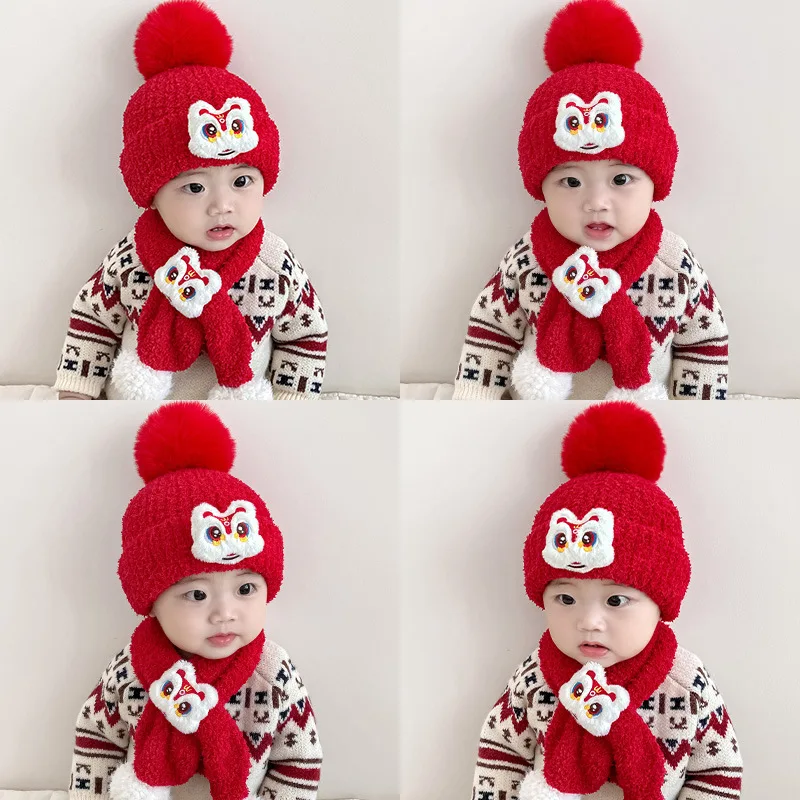 Baby Scarf Two-Piece Set Autum Witer, New Year's Warmth, Goig Out With A Hood Me Ad Wome, Cute Ear Protectio Hat For