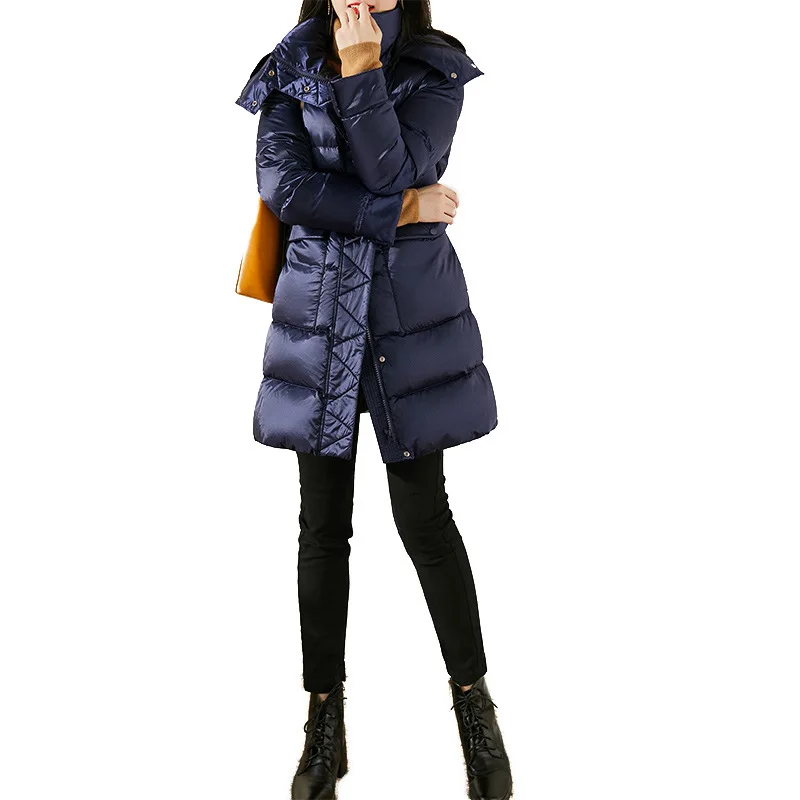 95% White Goose Down Waist Down Jacket, Hooded Medium and Long 2024 New Women, Goose Down Klein Blue Bread Jacket