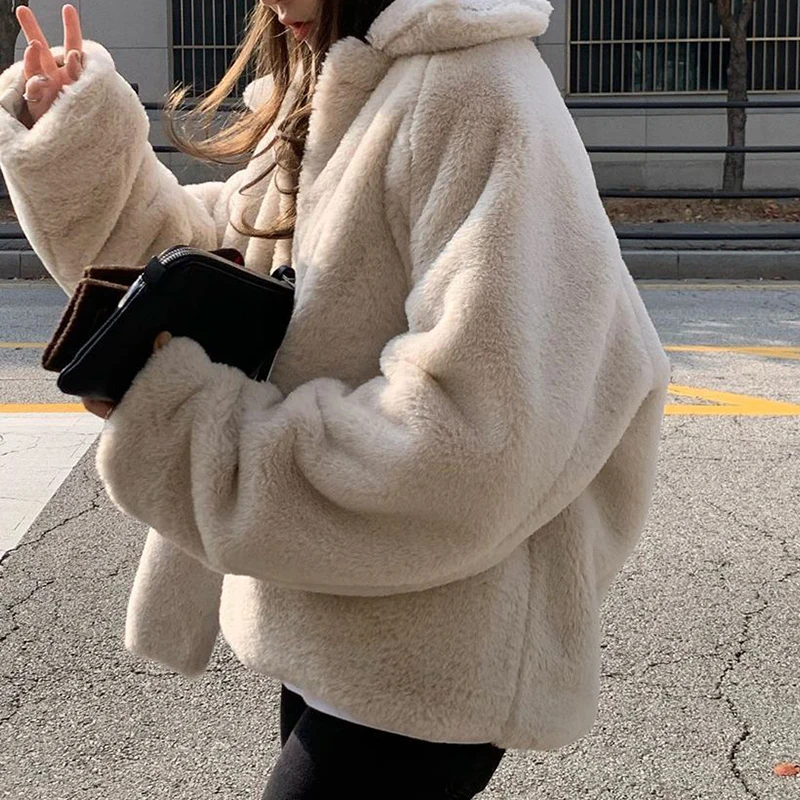 Women's Winter Thick Short Fur Coat, Single Breasted Parkas, Lapel Collar, Plush Overcoat, Snow Wear Outerwear, Female Jacket