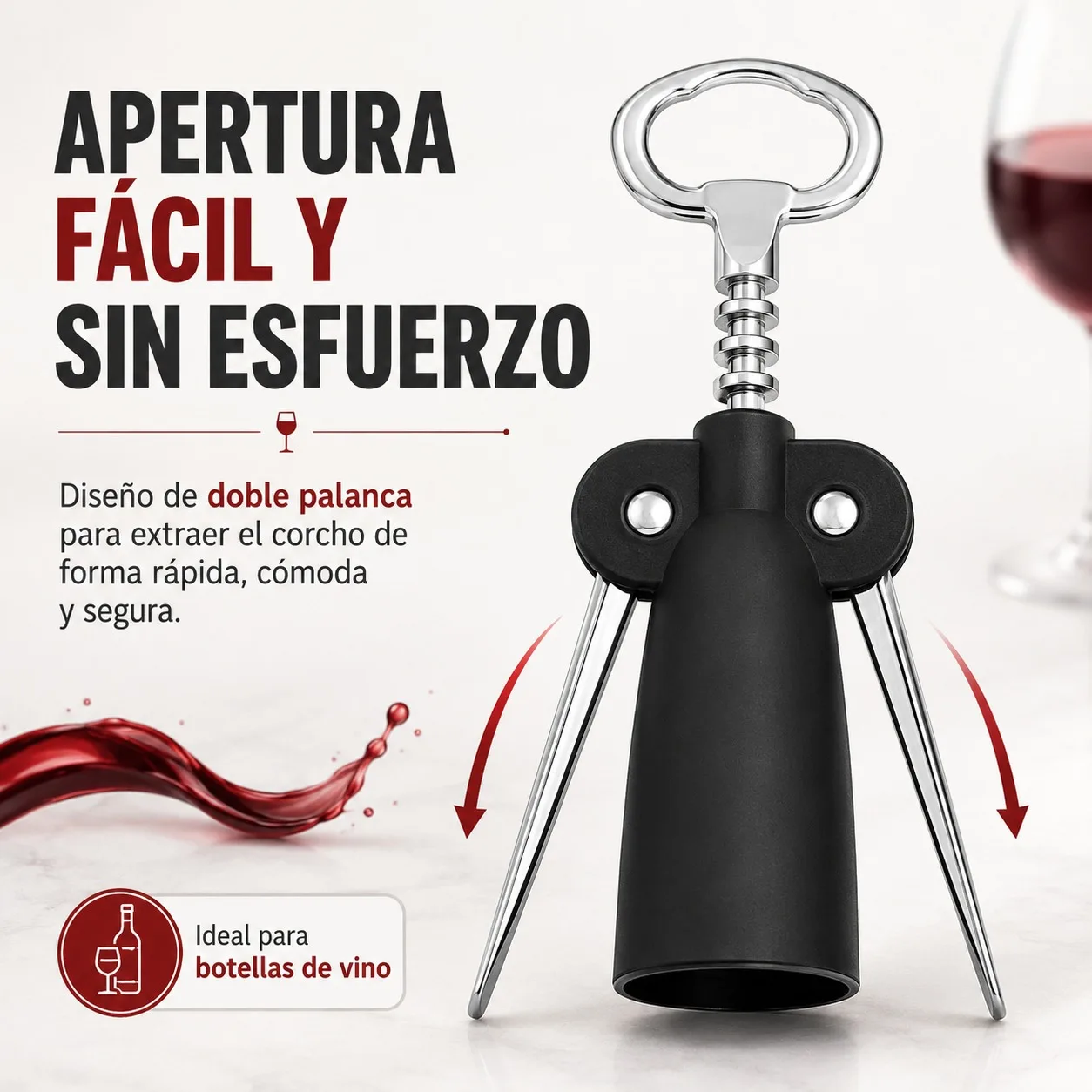 Tire-bouchon à ailettes en acier au carbone et PP pour le vin, ouvre-bouteille ergonomique à double levier avec spirale métallique durable, taille compacte de 17 cm pour la maison et le bar