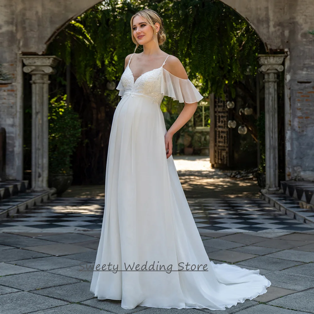 

Simple Summer Wedding Dress for Pregnant Bride Customized V Neck Thin Straps Applique Sweep Train A Line Bridal Gown