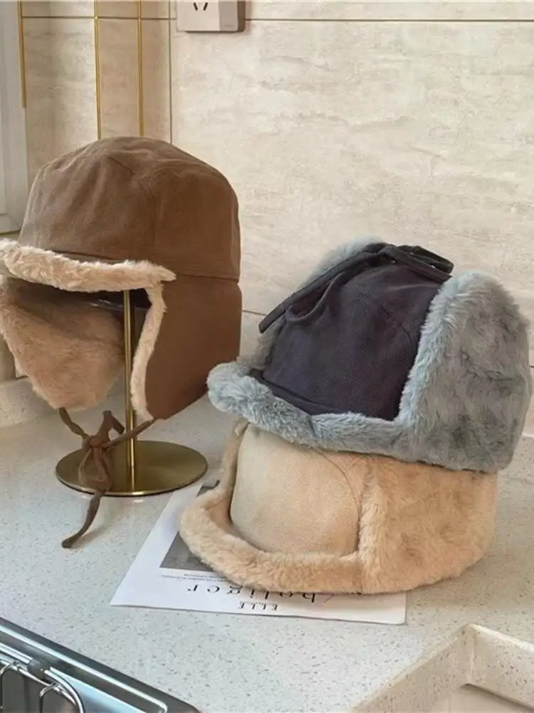 AliExpress NONE Casual Faux Fur Winter Hat Thick Warm Earflaps Hat Lamb Wool Bomber Hat Winter Season for Men and Women