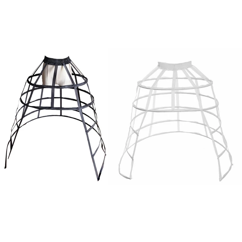 Women 5 Hoops Skirt Pannier Petticoat Hollow Bird Cage Cutout Crinoline Underskirt Ruffles Elastic Waist Lolita Bustle