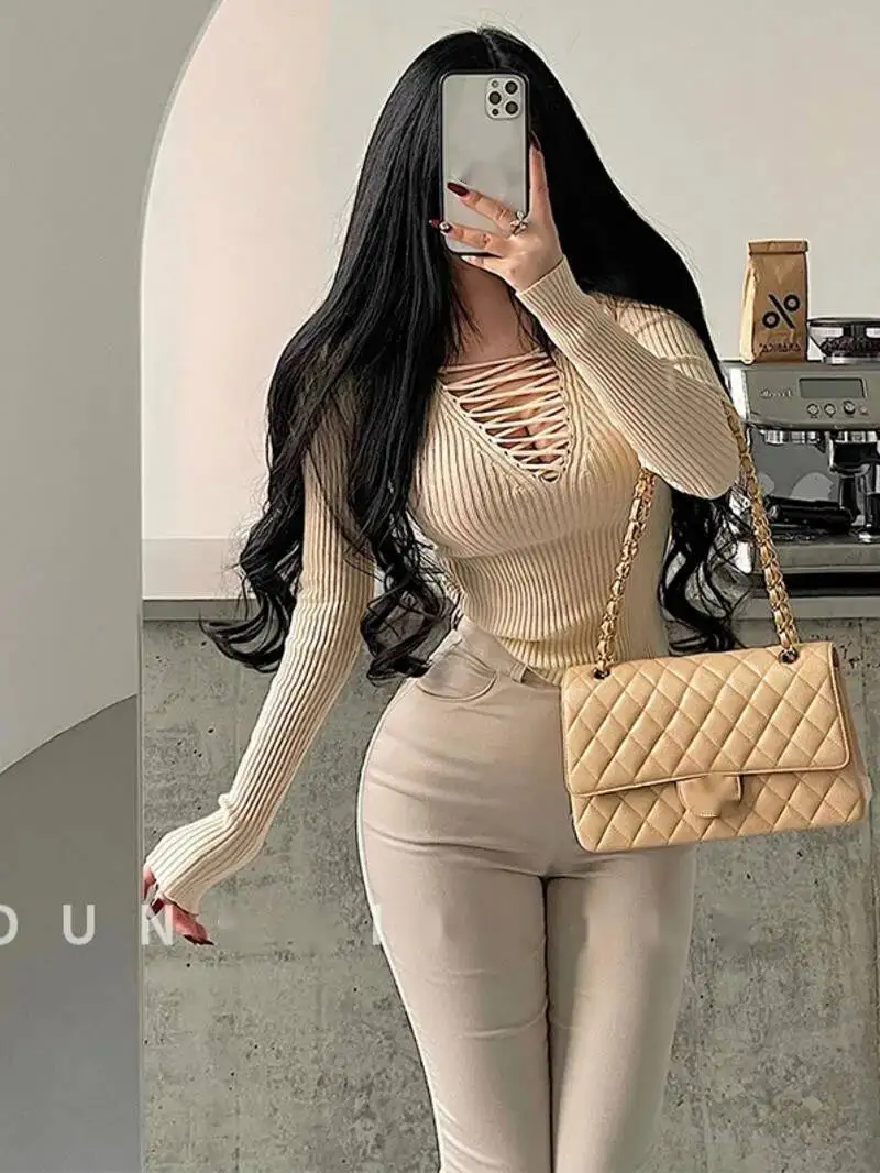 Pure Desire Style Sexy Chest Strap Hollow Out Slim Long Sleeve Base Knitted Top Sweater Fashion Women Tops 2025 New Sweet 41Y9