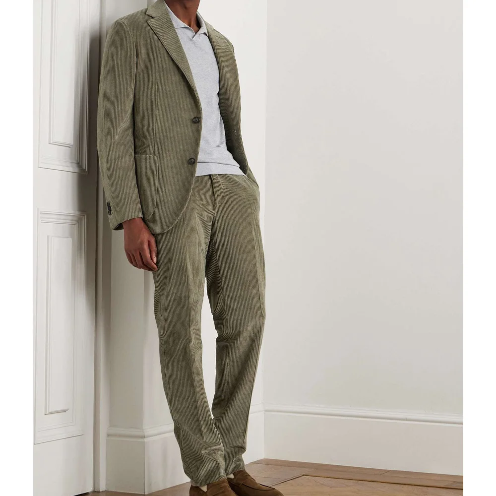 

Mens Corduroy Suit Two Piece Single Breasted Blended Fabric Notched Lapel Comfortable Breathable Business Casual Jacket Set For