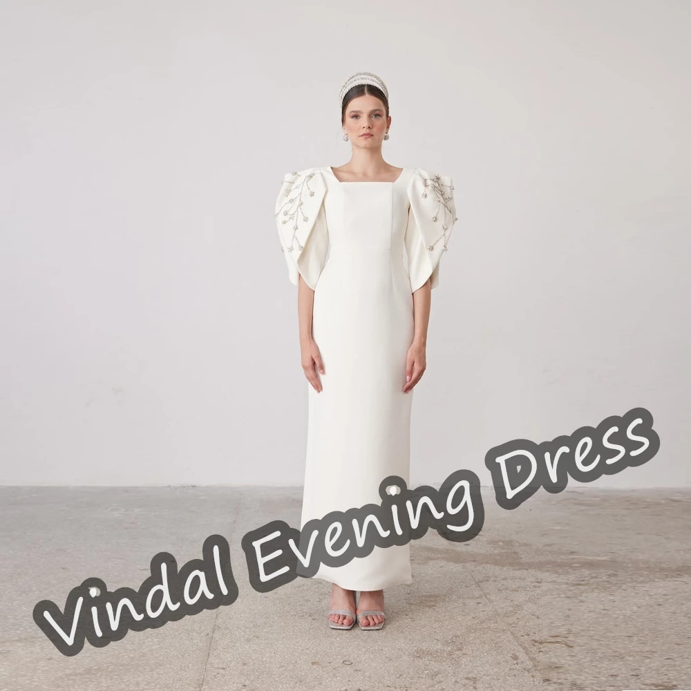 Vindal Evening Dress Ankle Length Square Neckline  Mermaid Elegant Built-in Bra Crepe Saudi Arabia Short Sleeves For Woman 2024