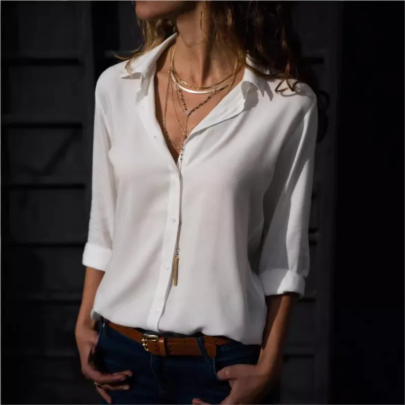 여성 셔츠 봄 여름 캐주얼 긴 소매 단추 솔리드 컬러 블라우스 및 블라우스 2025 Office Ladies Tops White Blouses Office