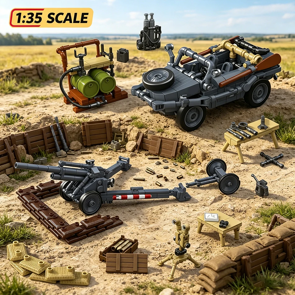 WW2 Military 15 cm SFH 18 Heavy Field Howitzer Position Building Blocks 166 Schwimmwagen Vehicle Bricks Toys Gifts