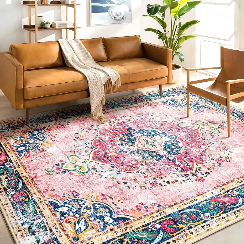 Area Rug for Living Room Pink Boho Vintage Carpet Non-Slip Washable Foldable Large for Bedroom Dining Room Indoor Floor Carpets