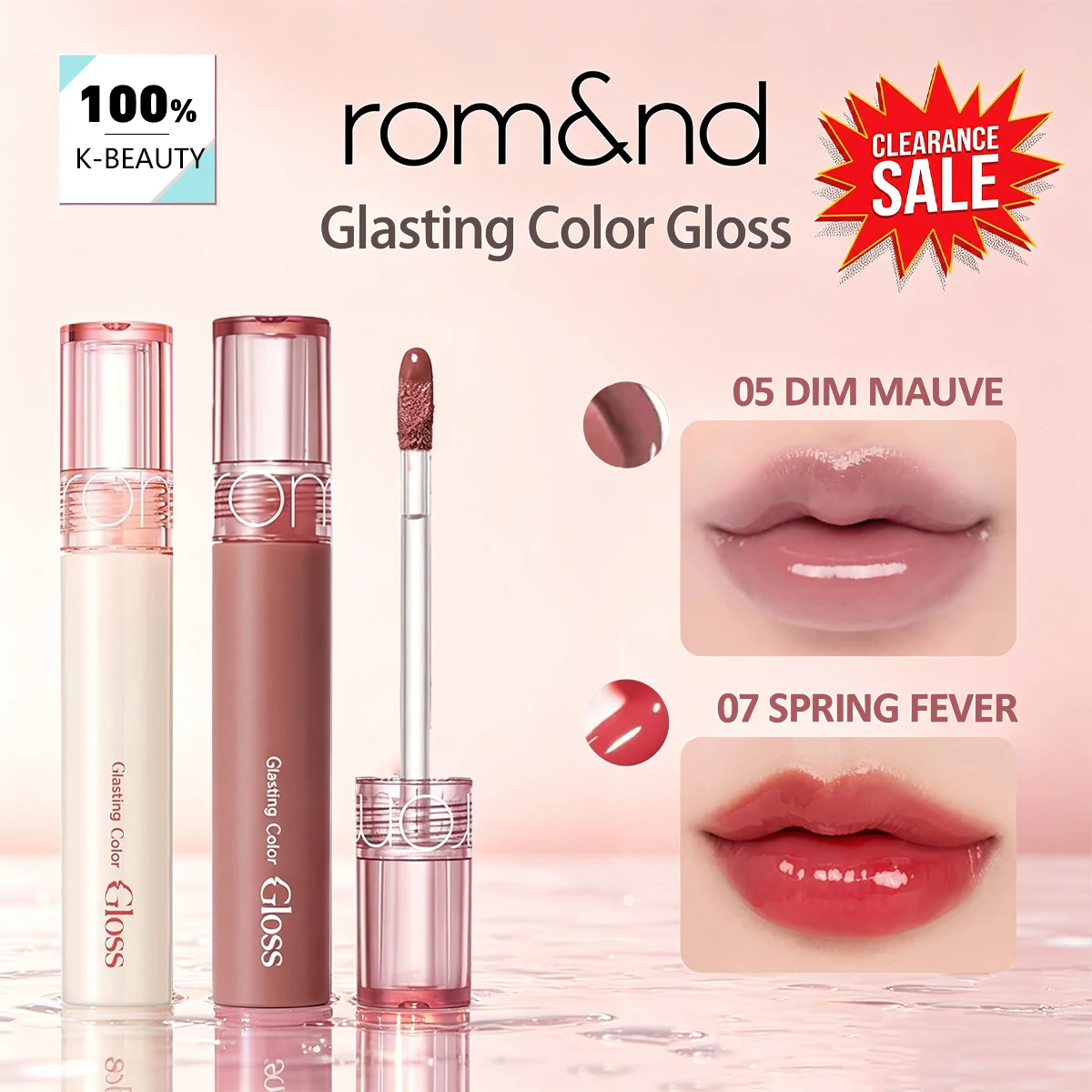 [ClearanceSale] rom&nd Glasting Color Gloss 05&07,Long Lasting Glow,Juicy Lip Look,K-Beauty,Korean Cosmetic,Korean Makeup