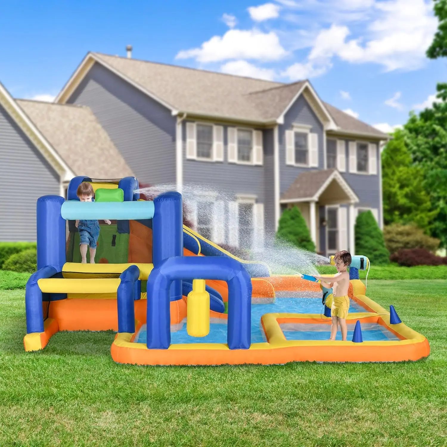 Nadmuchiwana zjeżdżalnia wodna dla dzieci 7 w 1 Bounce House Park wodny zamek do skakania z basen z wodą, zjeżdżalnią, bramka do piłki nożnej, obręcz do koszykówki,