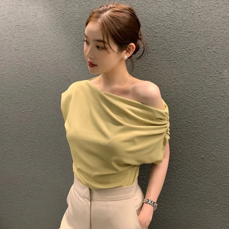 Summer Women Chic Korean One Off Shoulder Short Sleeve Slim T-shirt Tops CDPF-WYP-P13