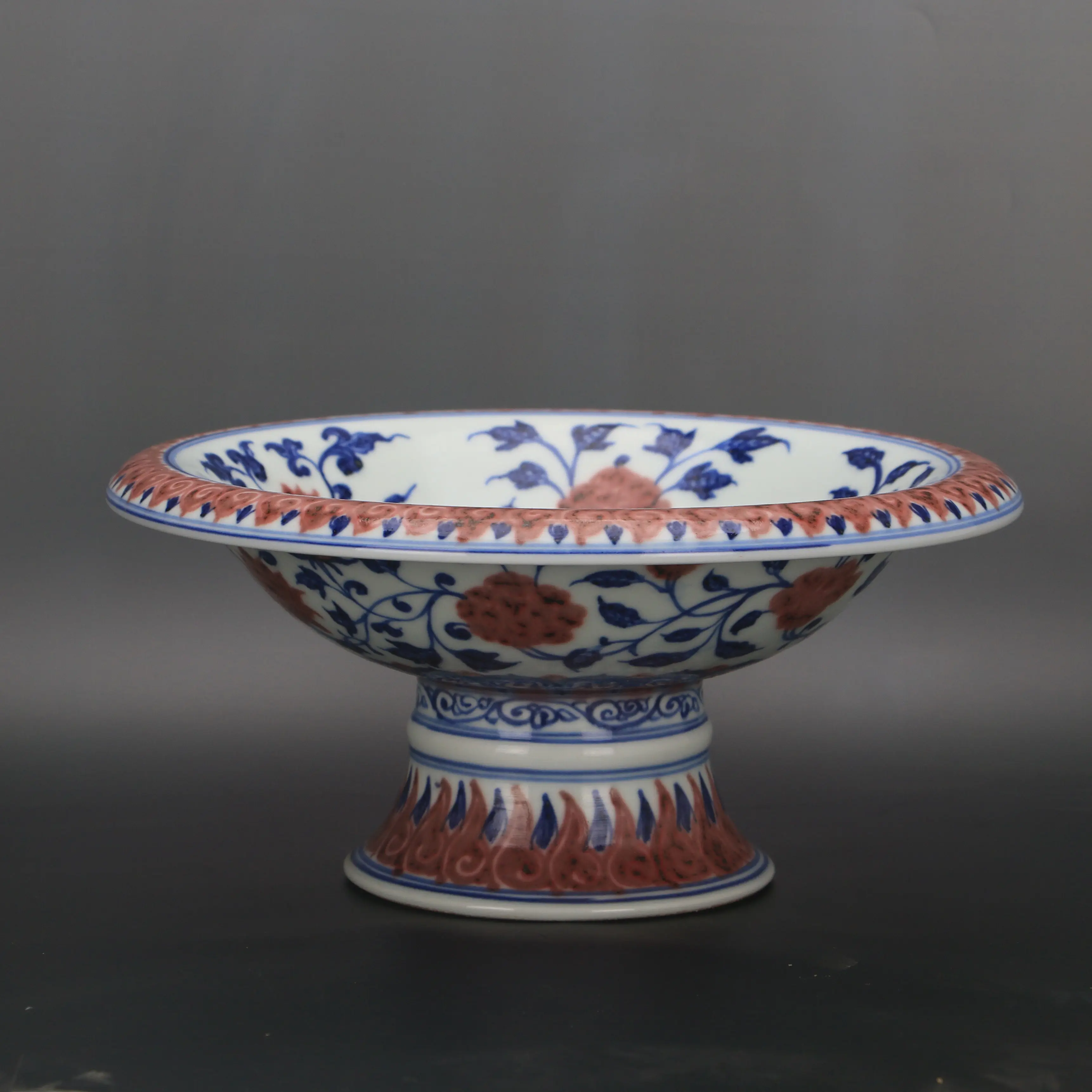 Antique Ming Xuande Style Blue and White Underglaze Red Floral Scroll Flared High Foot Fruit Plate Chinese Porcelain Home Decor