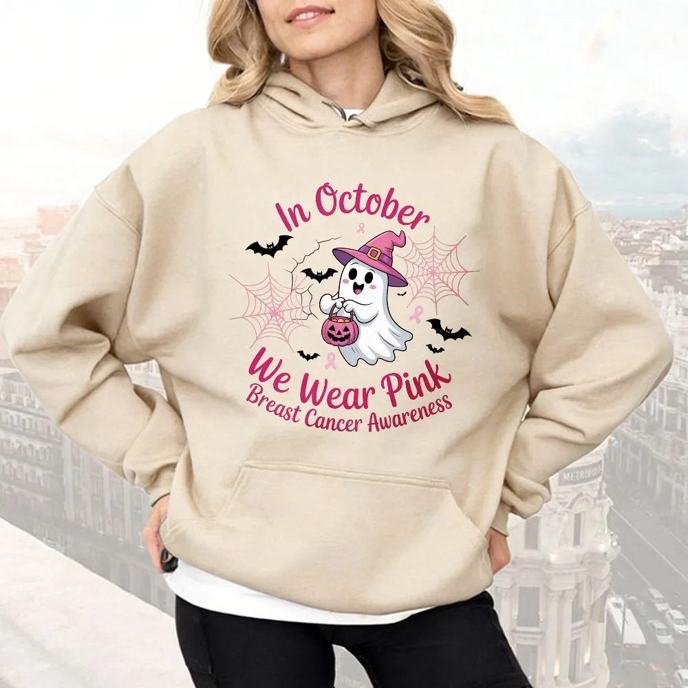 In October We Wear Pink Women Sweatshirt Breast Cancer Awareness Halloween Ghost Hoodie Pink Ribbon Survivor Support Pullovers