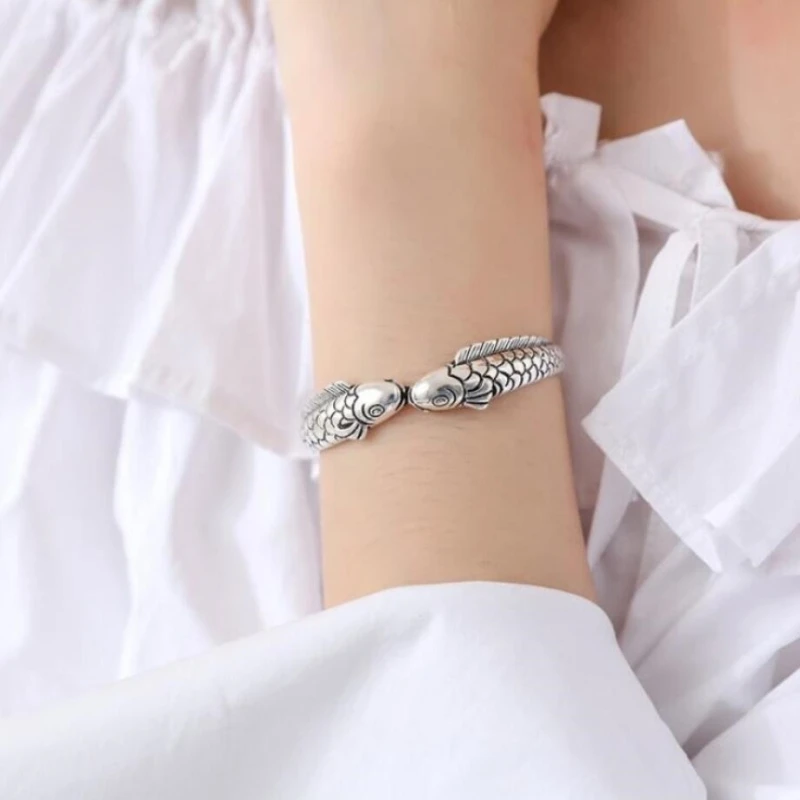 Original Two Fish Retro Literary Good Luck 925 Sterling Silver Female Resizable Bangles BR136