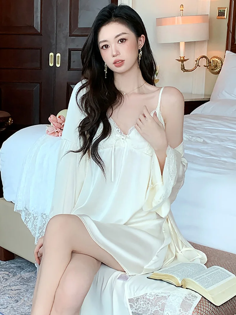 Women Sexy Spaghetti Strap Nightgowns Sleeping Dress Spring Autumn Elegant Silk French Fairy Morning Robe Home Two Piece Sets