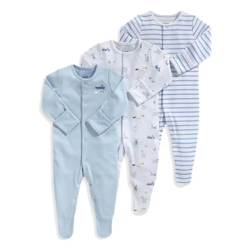 Newborn Baby Boys Jumpsuit Clothes Soft Cotton Striped Long Sleeve Girls Rompers Footed Infant Pajama Ropa Bebe Clothing 3PCS