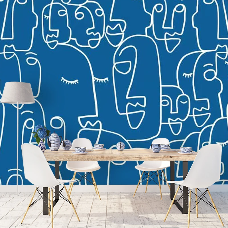 

Bacal Large Face Line Drawing Modern 3D Wallpaper Mural for Bathroom Canbinet Background Removable Portrait 3d blue Wall paper