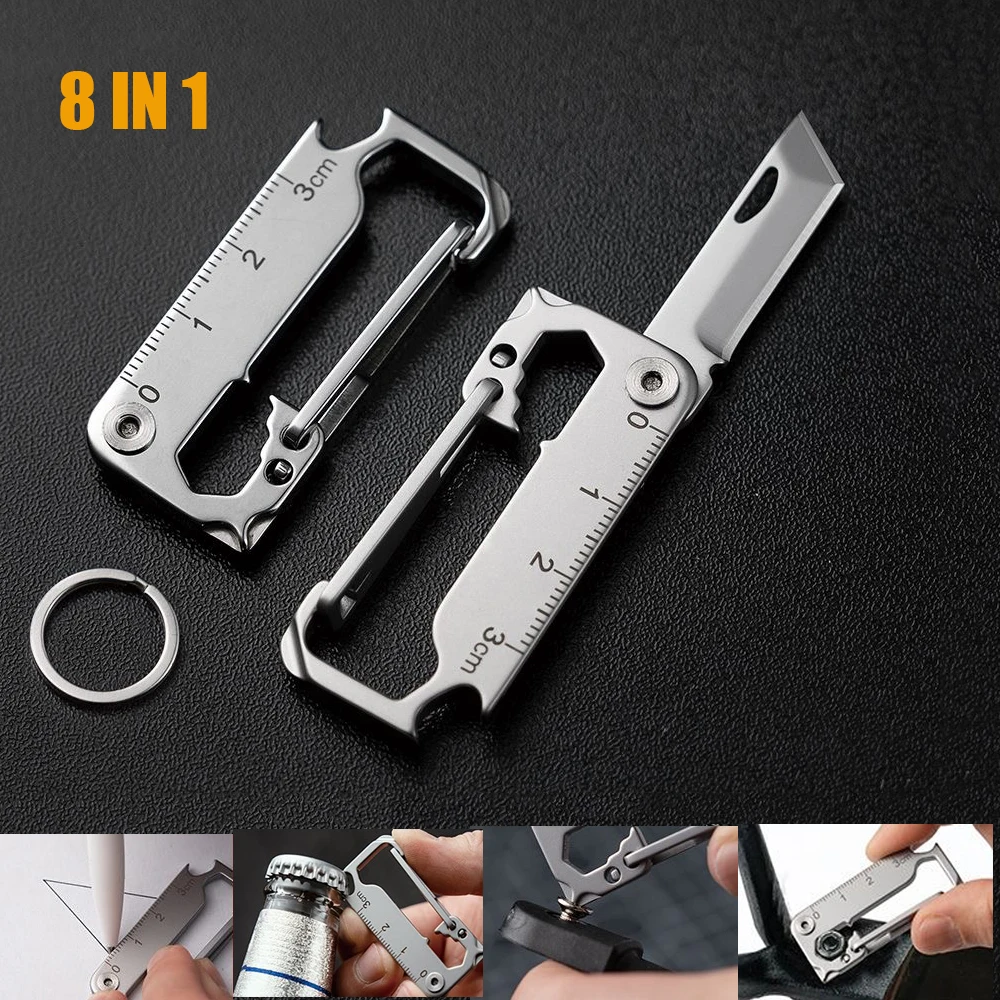 8 IN 1 Stainless Steel Keychain Knife Pocket MINI Folding Knife Screwdriver Graduated Belt Pendant Multifunctional Bottle opener