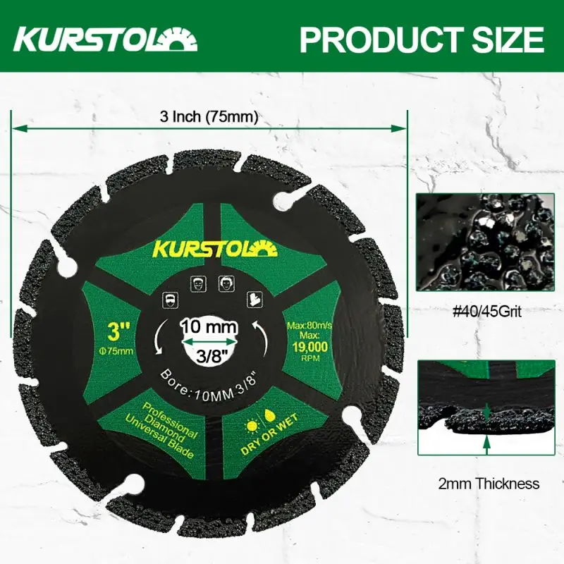 Imagem -02 - Kurstol-disco de Corte de Ferro de Alumínio Multi-material Telha de Aço Alvenaria Plástico Concreto Rescue Diamond 75 mm