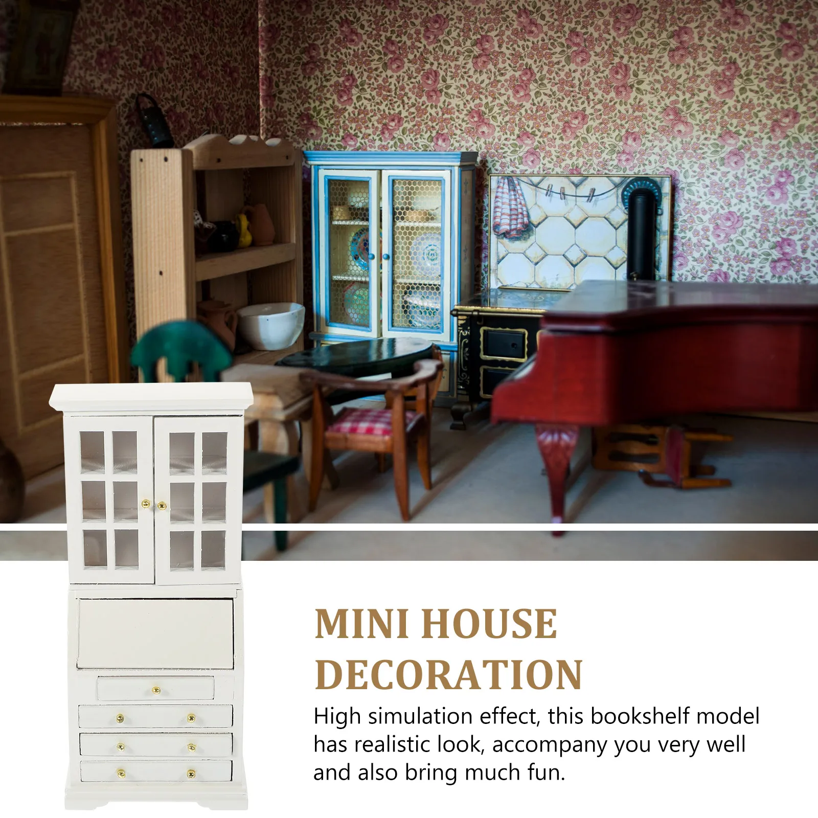 Mini bibliothèque simulée, armoire de rangement de bureau, maison de poupée, cuisine, accessoire en bois massif, meubles d'exposition miniatures