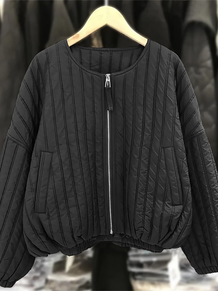 Retro Striped Design round Ne Warm Zipper Cotton Jaet Women's Autumn Winter Loose Versatile Small ence Outerwear