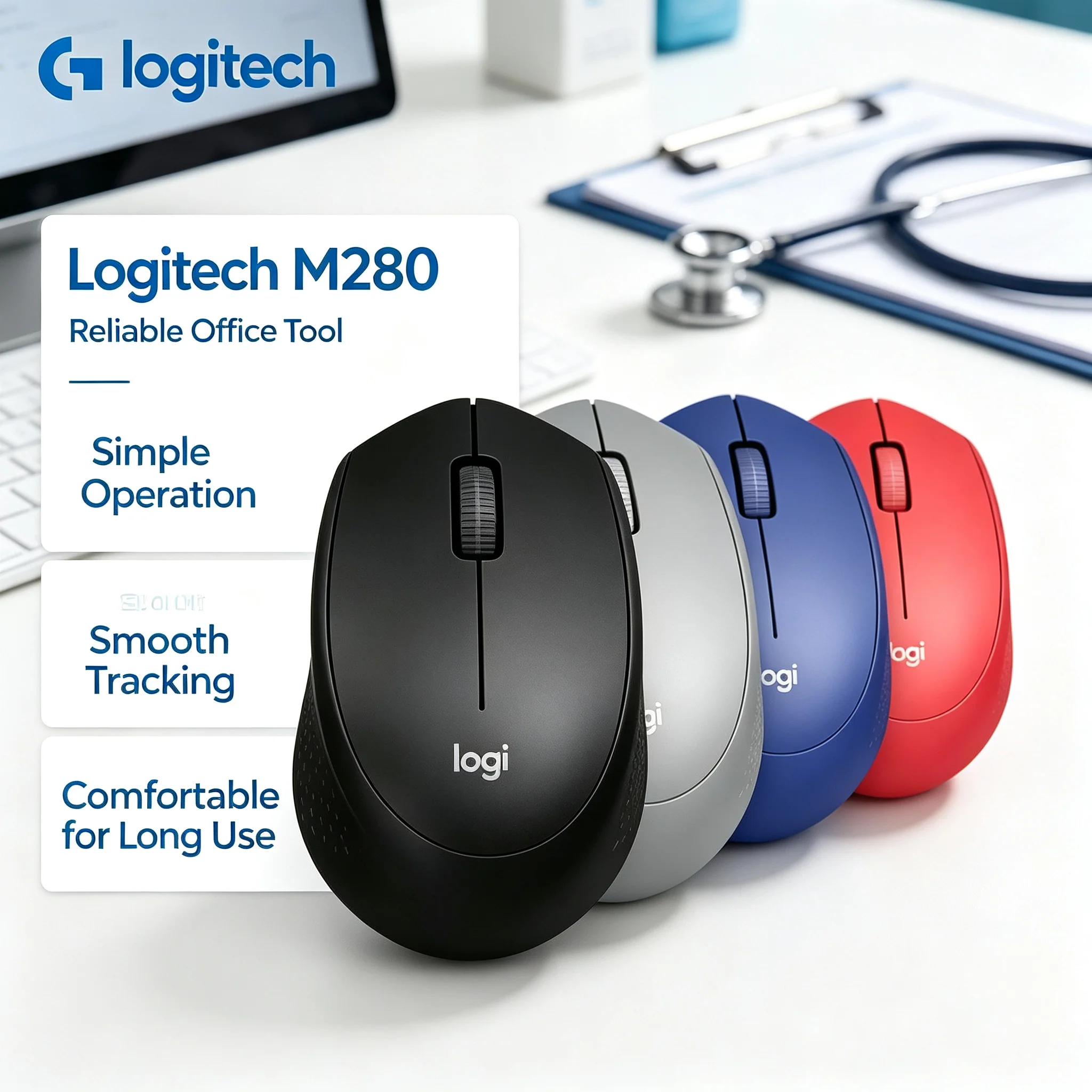 Logitech M280 Wireless Office Mouse 1000DPI Optical Tracking, Nano USB Receiver Easy Carry for Notebook PC