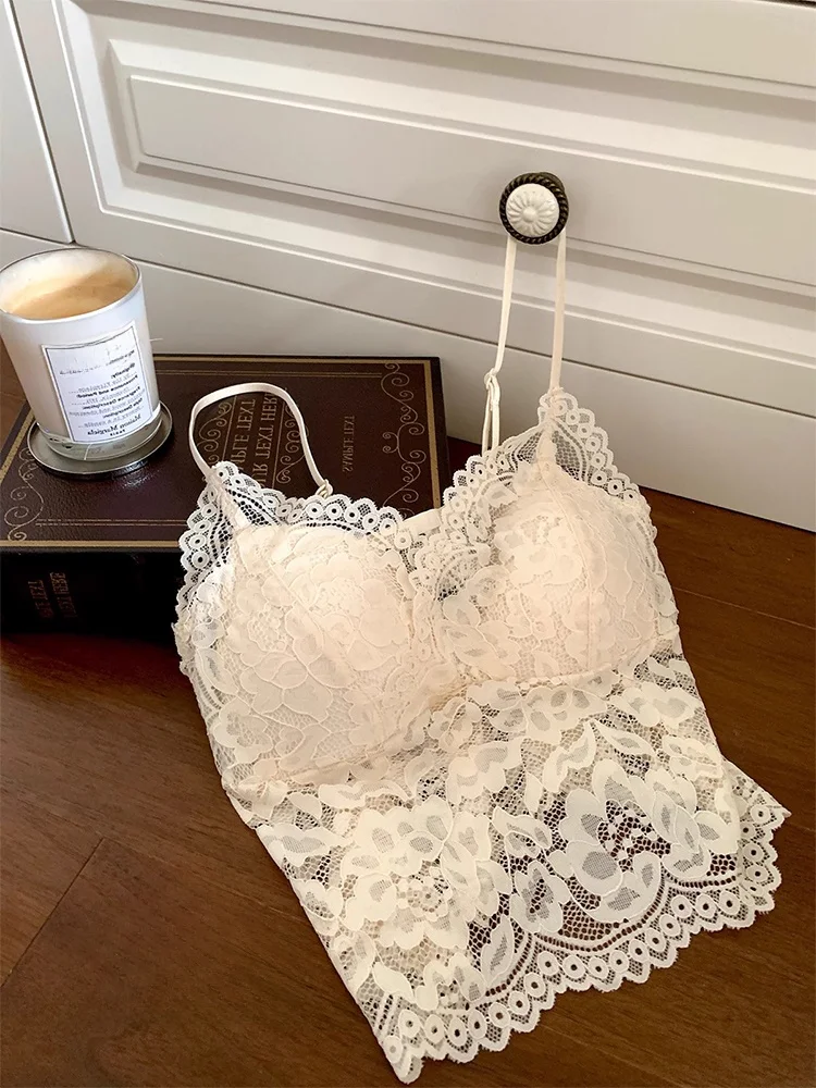 Lace  Strap Vest Women's Inner Wear Base Shirt with Chest Pad Beautiful Back Bra Integrated Pure Desire Tube Top Outerwear