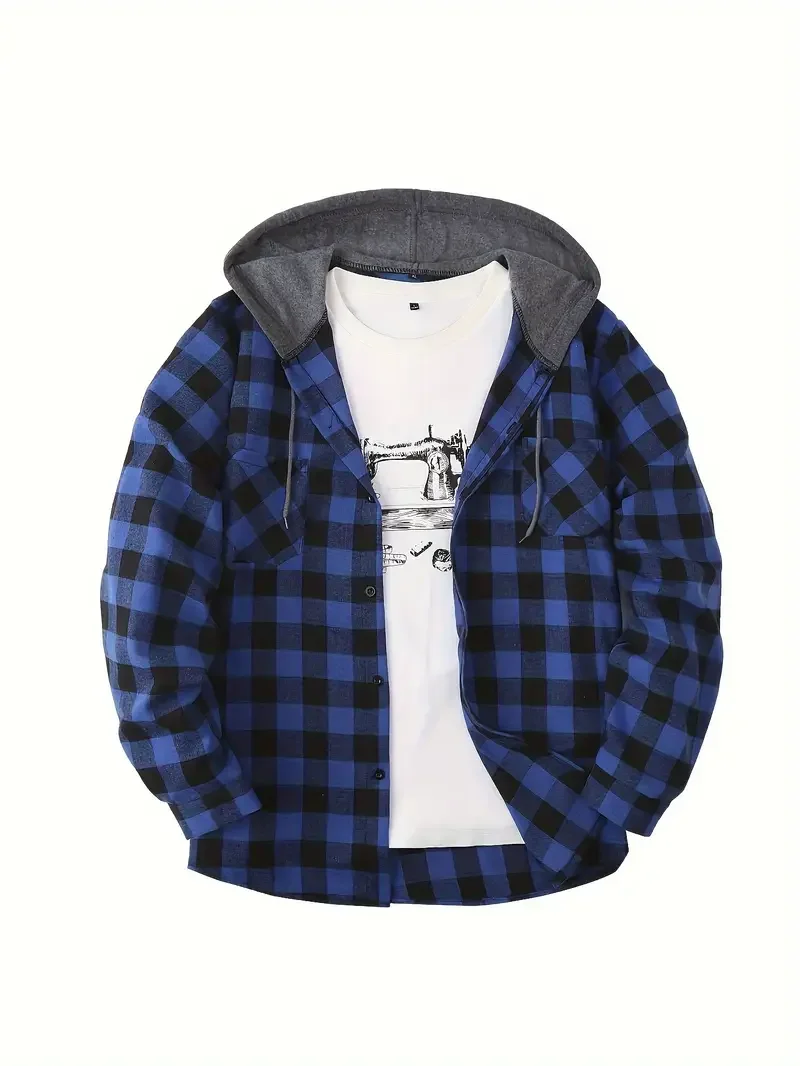 Buffalo Check Hooded Shirt — Black & White Plaid with Grey Hood — Button-Up Jacket S76bb43ac85c8469e8a436dac10b686c7A