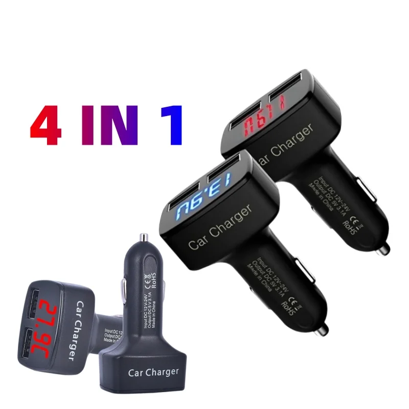 Autoladegerät-Adapter, 4-in-1, Dual-USB, 31 A, schnelles Aufladen mit LED-Anzeige, Spannung, Strom, Temperatur, Monitor, Digitalanzeige, Telefon