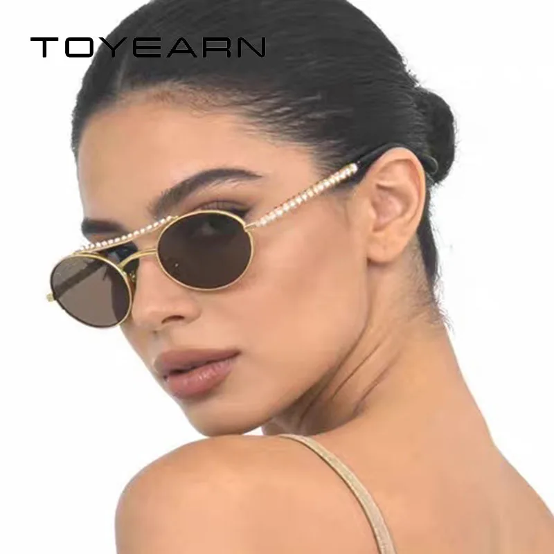 y2k Punk Vintage Oval Sunglasses Women For Female Luxury Brand Design Sun Glasses Popular Pearl Metal Double Bridge Eye Glasses