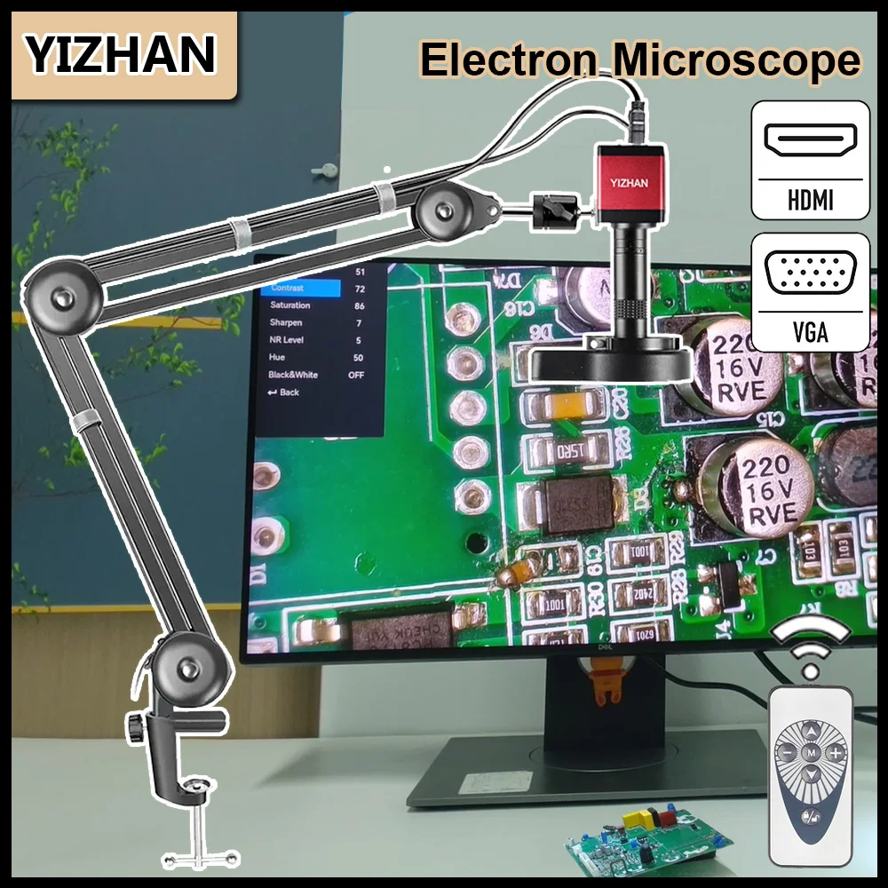 YIZHAN 150X Microscopio para electrónica, cámara de microscopio 1080P 30FPS FUD HDMI VGA con lentes de objetivo 0.3X/0.5X/2X para reparación/relojería