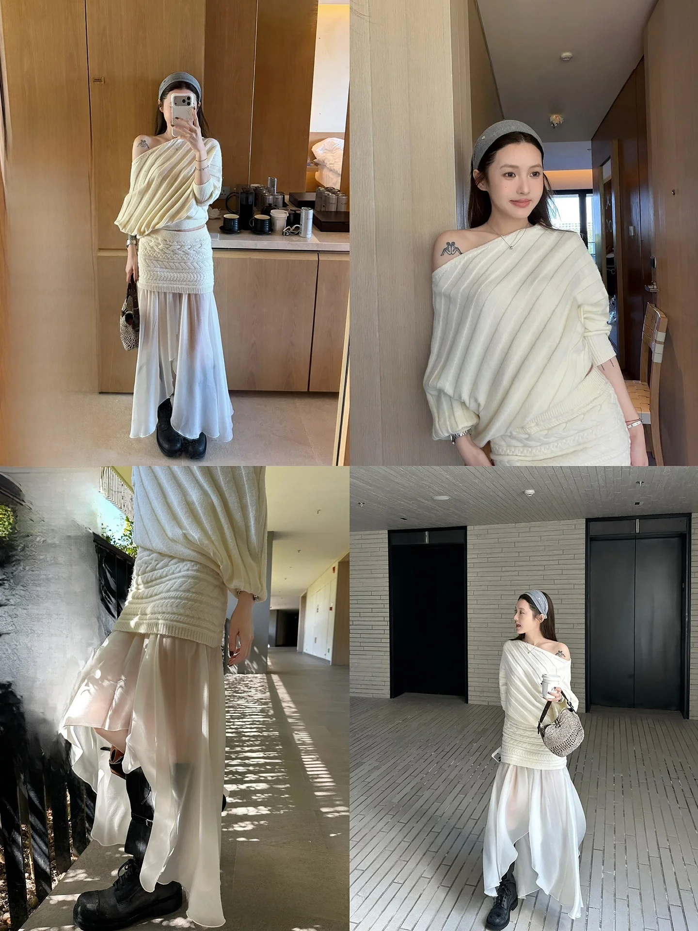 

NingSi Lazy oulder Knitted Sweater Women's Spring Coarse Twisted Net Skirt Set Casual Sle Waist-Cinching Long Sve Mid-...