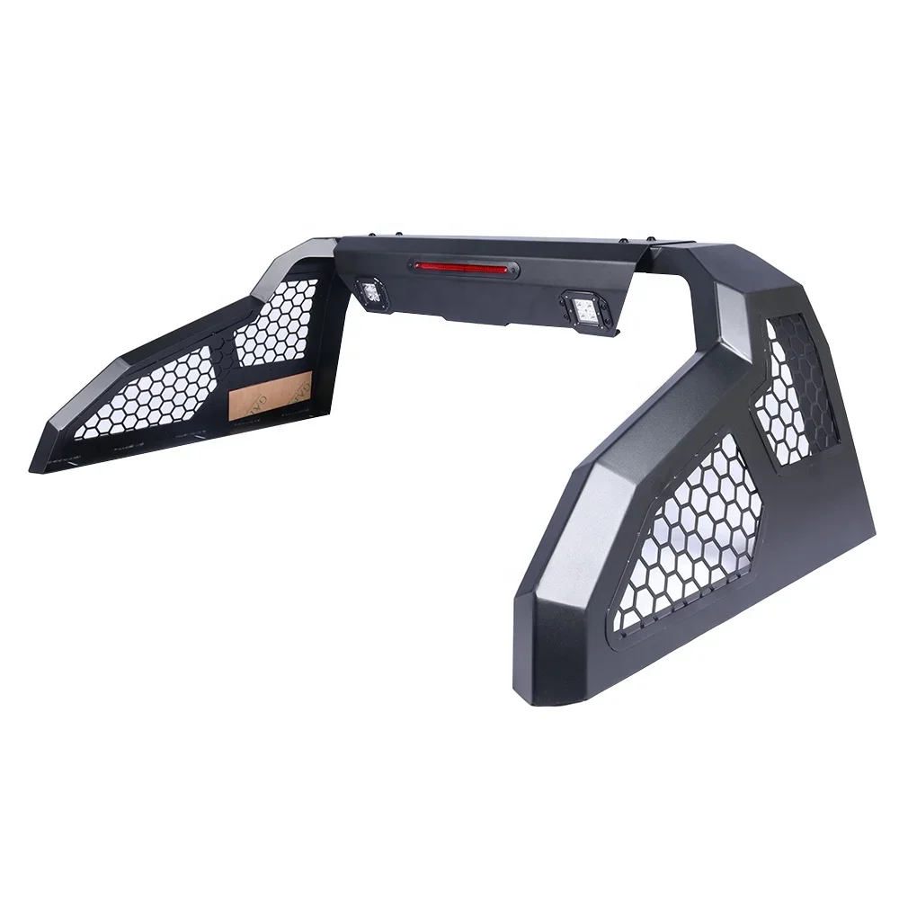 

Universal Adjustable Truck Bed Chase Rack Roll Bar with 3rd Third Brake Light & 2x LED Work Lamps Bars - Matte Black