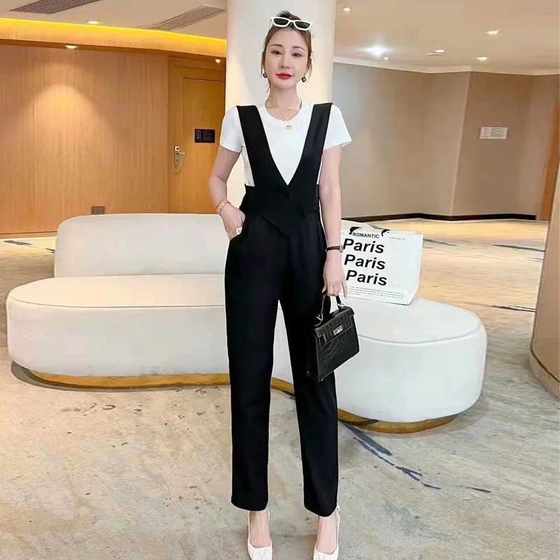Summer New Korean Women\'s Large jumpsuit+White T-shirt Top Set