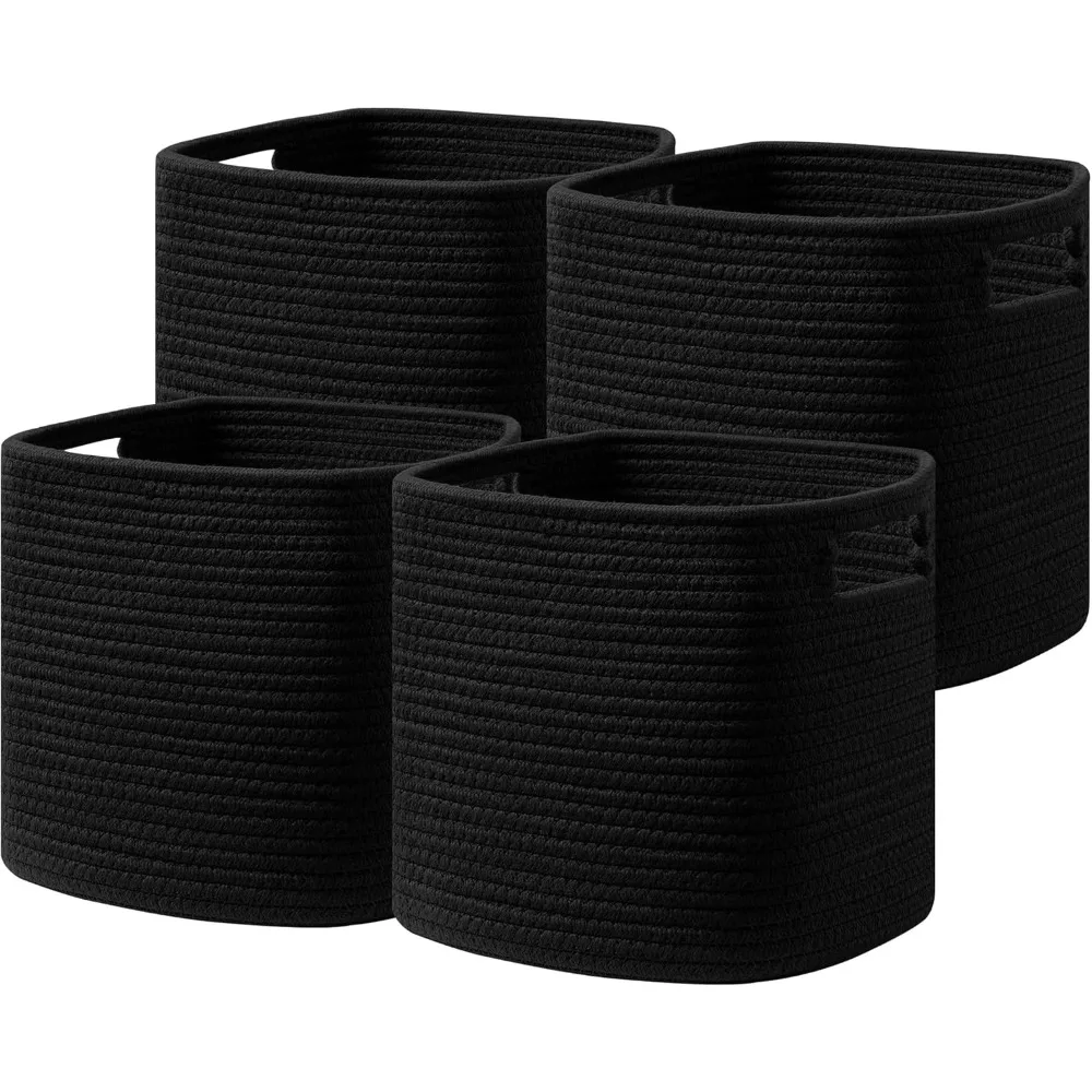 

Set of 4 Storage Basket-13 X 13 X 13 in, Cotton Rope Basket, Storage Bins with Handles, Woven Storages Black Storage Baskets