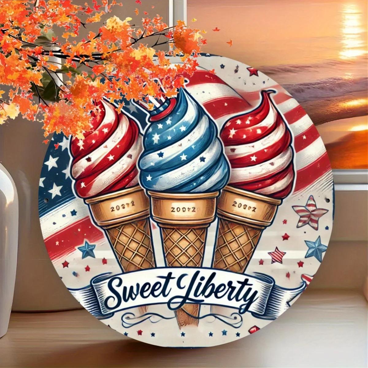 Letrero de pared de Metal plano 2D patriótico, decoración redonda de aluminio de 7,8 pulgadas con diseño de helado y bandera americana, texto "Sweet Liberty", 1 ud.