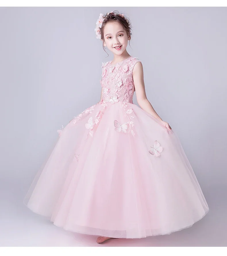 

Floral Pink Lace Flower Girl Princess Dress Sleeveless Party Birthday Wedding Toddler Girl Pageant Party First Communion Gown