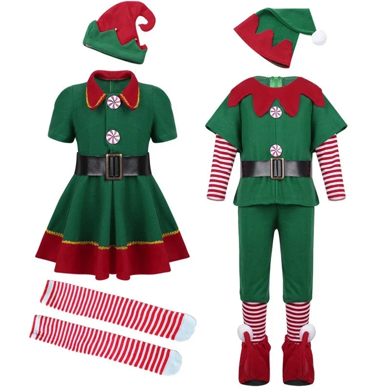 Coslan Halloween Adult Kids Family Christmas Costume Claus Xmas New Year Party Cosplay Outfits Boys Girls Green Elf Fancy Dress