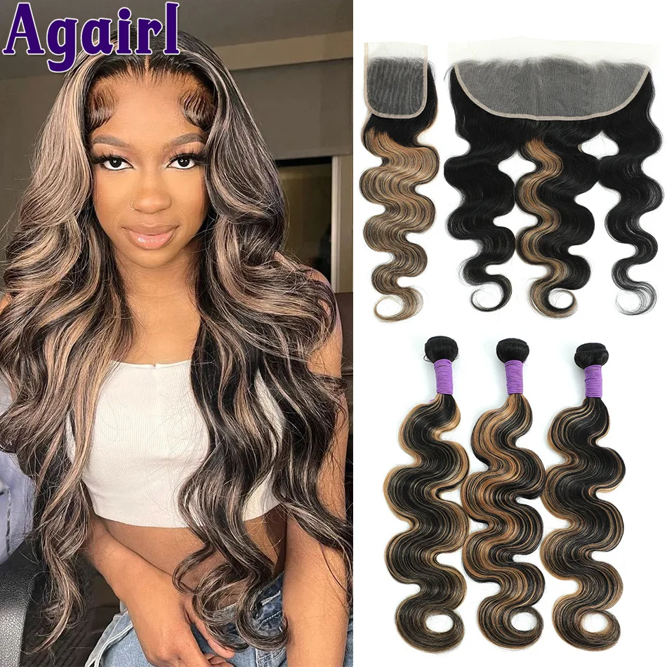 1B/27 Highlights Blonde Body Wave Bundles With Frontal Brazilian Human Hair Bundles With Closure 13X4 Lace Frontal With Bundles