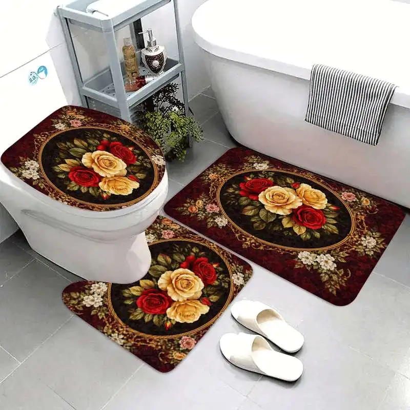 3‑Pieces Vintage Rose Floral Bathroom Mat Set, Decor for Bathroom, Kitchen & Entryway