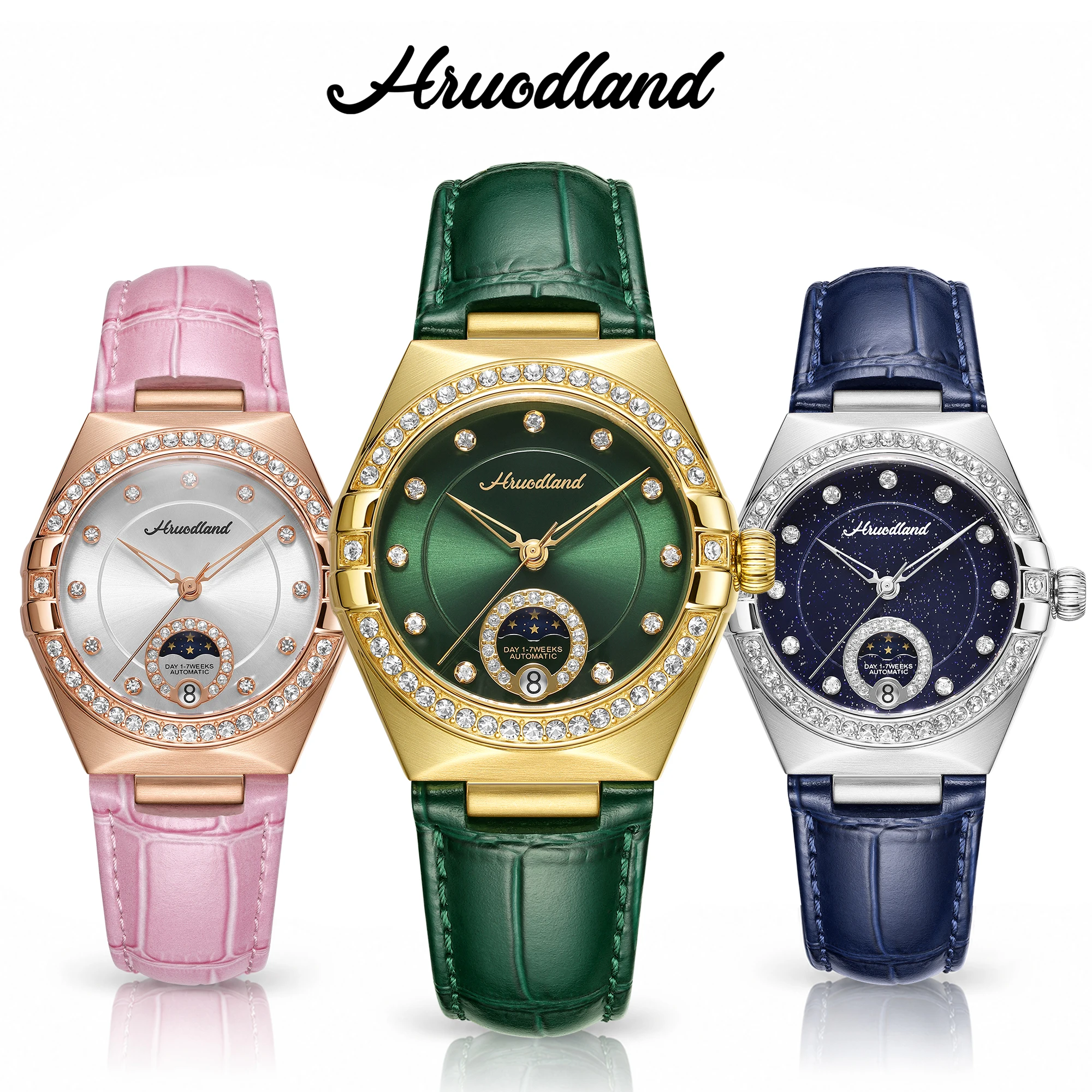 HRUODLAND Luxury Women's Automatic Watch Sapphire Crystal Moon Phase Calendar Diamond-set Bezel Leather Strap 5ATM Elegant Gift