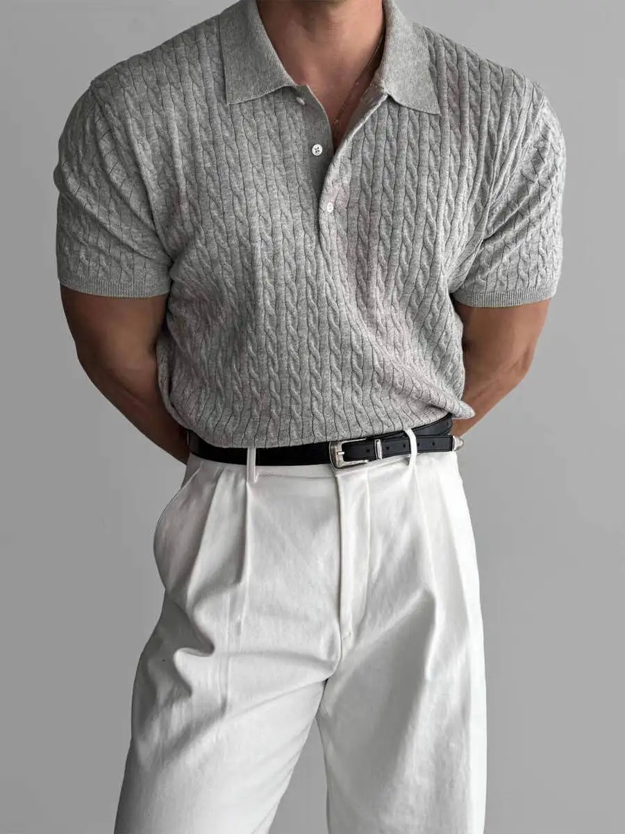 

American Sle Hard Man Knitted irt Muscle Men Slim Fit Elastic ort Sve Turn-down Collar Sweatirt Tight Sve ...