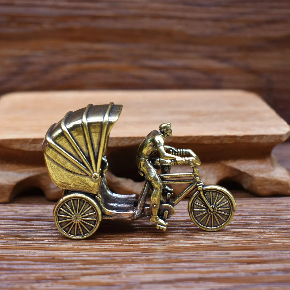 Vintage Brass Rickshaw Mini Figurine Metal Retro Tricycle Statue Desktop Decoration Table Ornament Craft Gift