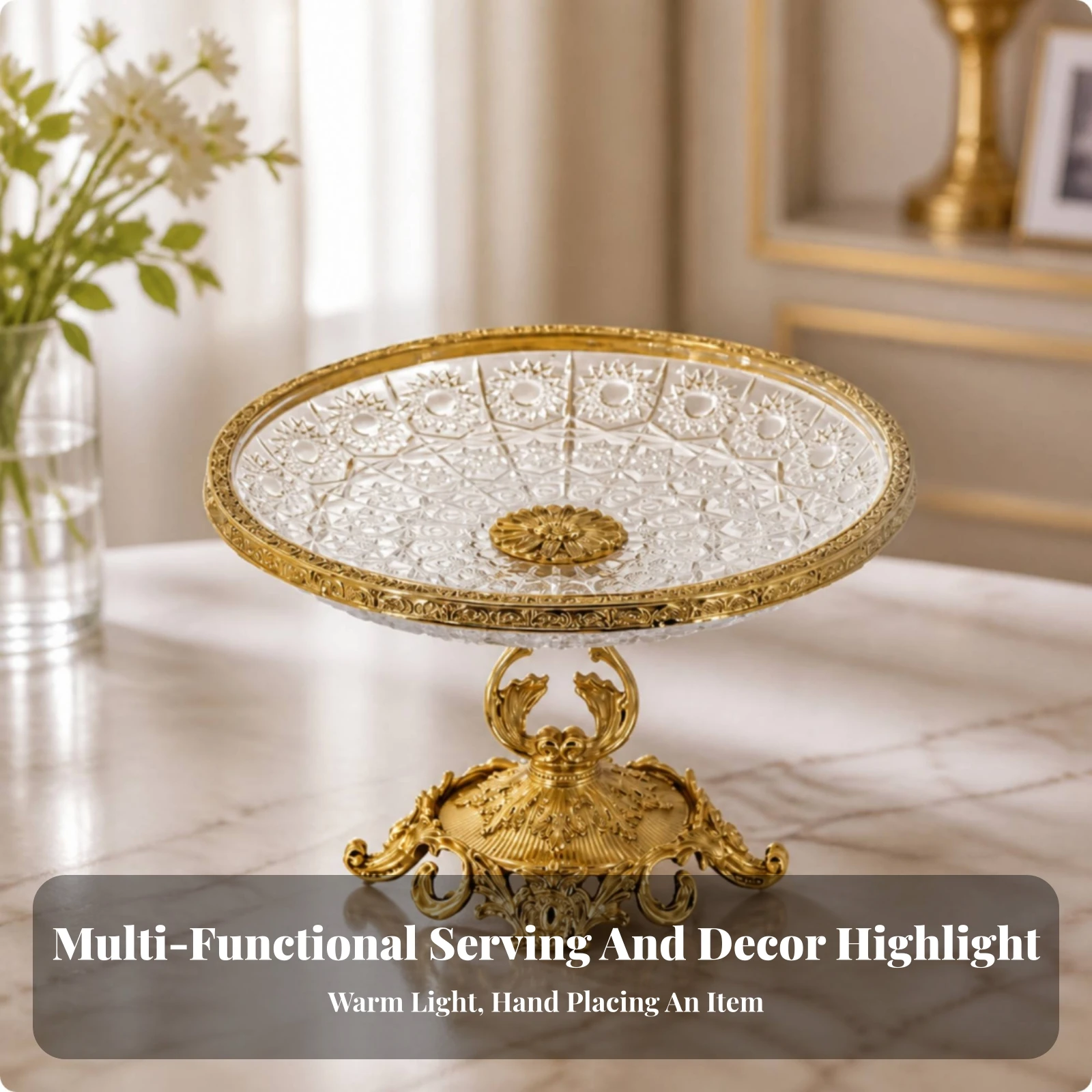 Fruit Bowl with Gold Base Elegant Glass Bowl with Brass Stand Serving Tray with Metal Base Classic Pedestal Tray Glossy