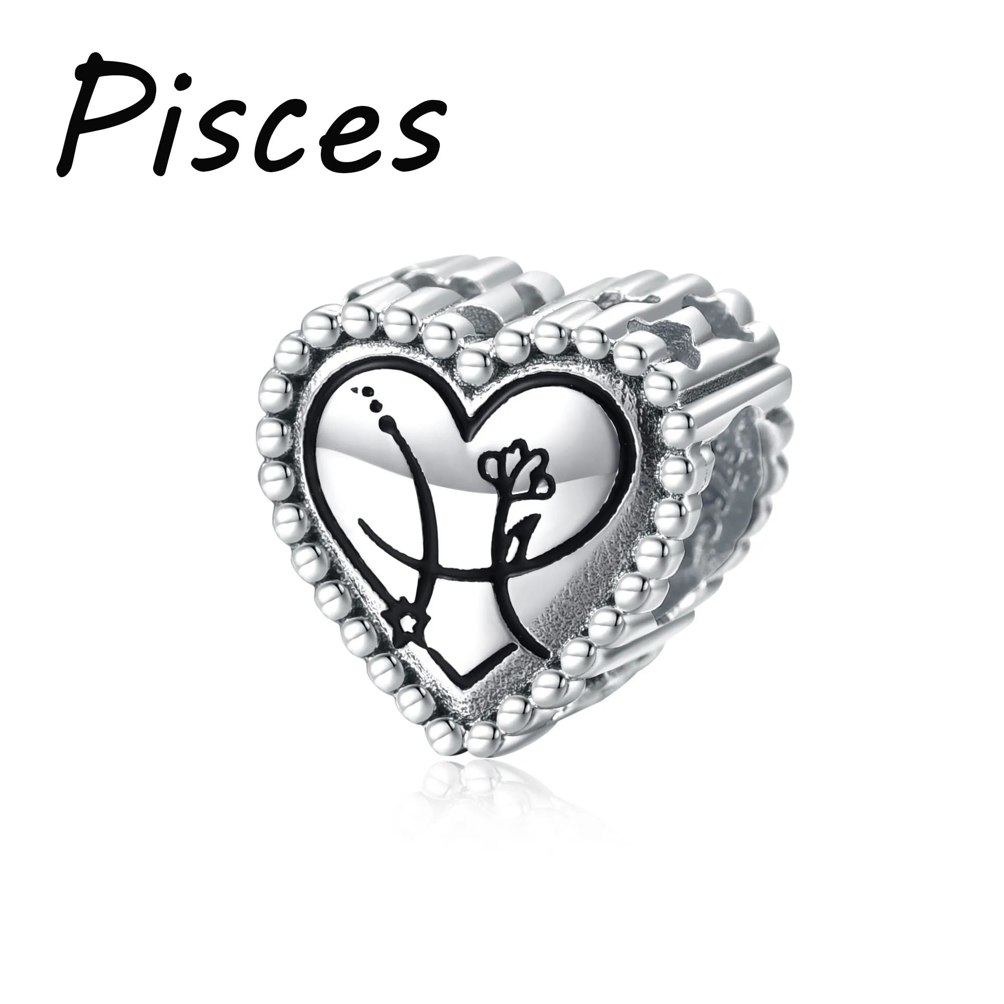 Pisces Fashion 12 Zodiac Signs Black Drip Oil Heart Style 925 Sterling Silver Beads Charms for Women Mother Girl Bracelet Making